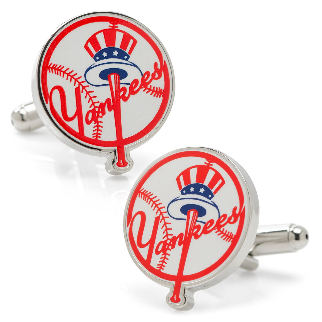 MLB New York Yankees Baseball Cufflinks featuring a round silver design with a red, white, and blue Uncle Sam-style top hat logo and the script word “Yankees.”