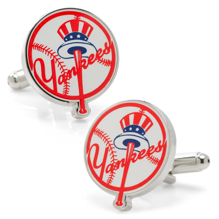 MLB New York Yankees Baseball Cufflinks featuring a round silver design with a red, white, and blue Uncle Sam-style top hat logo and the script word “Yankees.”
