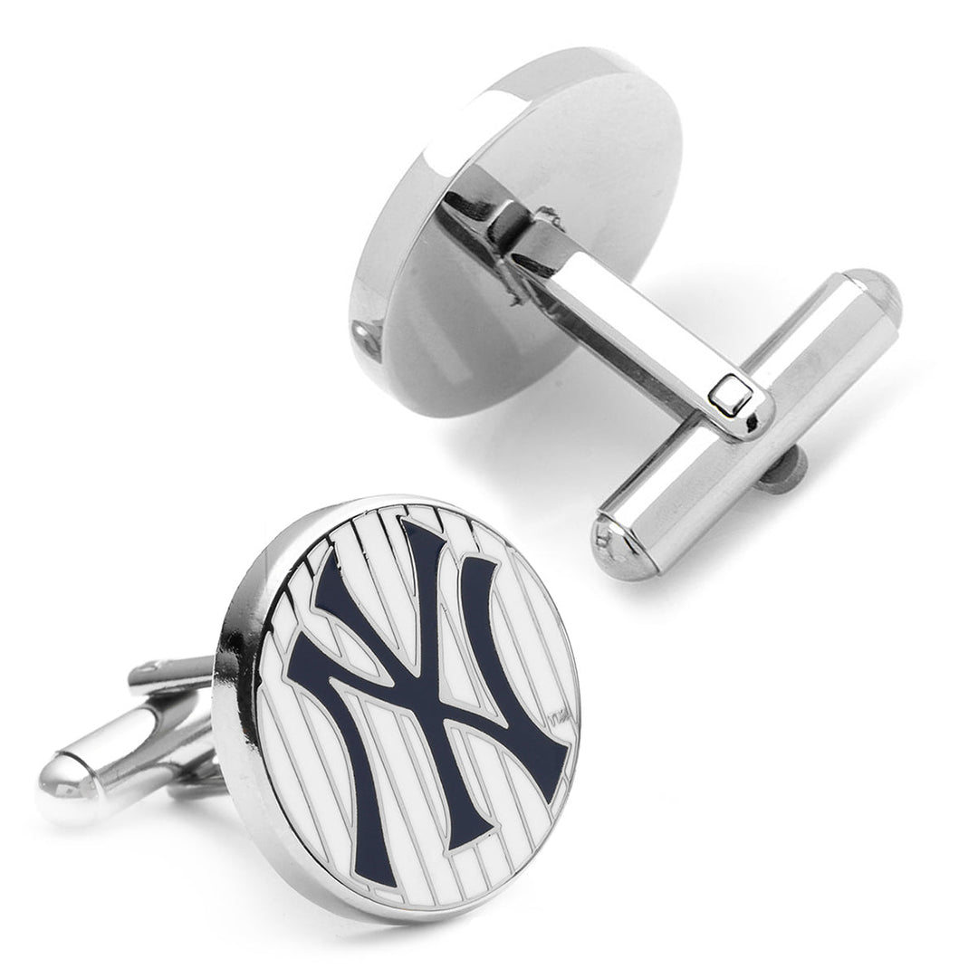 MLB New York Yankees Pinstripe Cufflinks featuring two circular silver cufflinks with the team logo over white pinstripes.