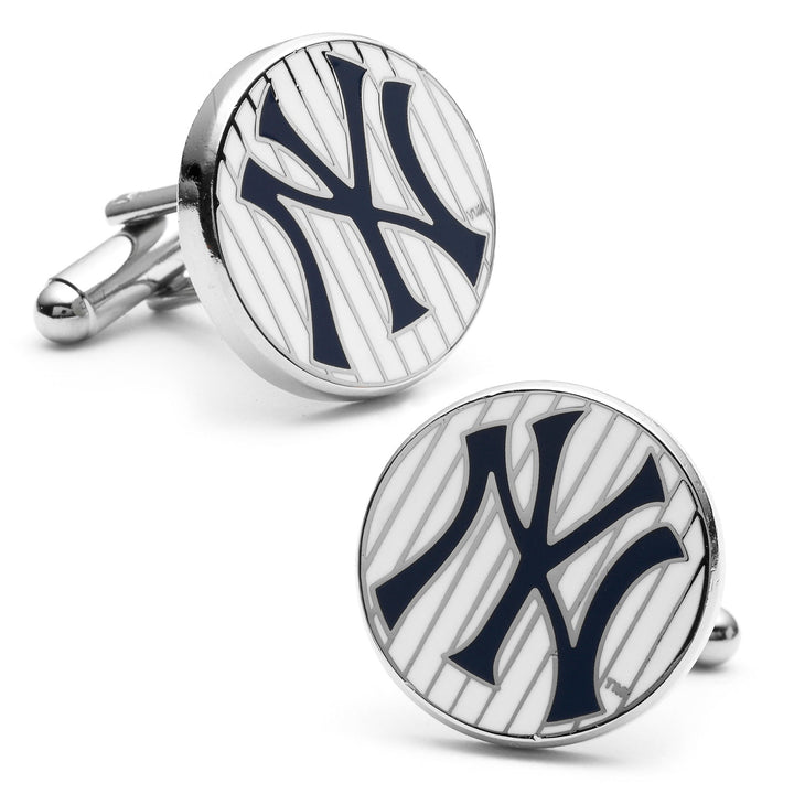 MLB New York Yankees Pinstripe Cufflinks consisting of two round silver cufflinks featuring the team logo on a white pinstriped background.