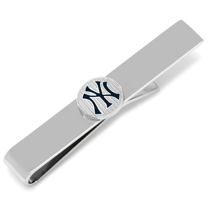Silver-toned MLB New York Yankees Pinstripe Tie Bar featuring the team’s dark blue logo on a round background.