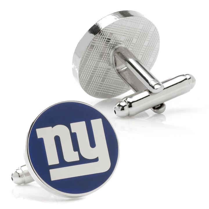 NFL New York Giants Cufflinks featuring two circular silver designs with the blue and white “ny” team logo.