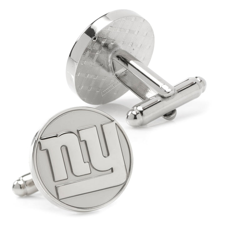 NFL New York Giants Silver Edition Cufflinks featuring round silver designs embossed with the “ny” logo.