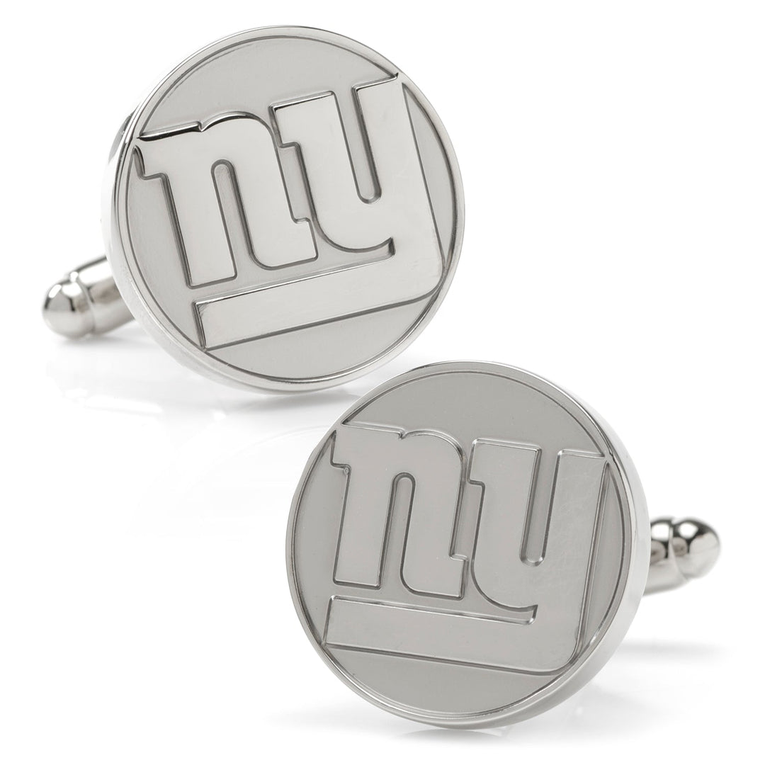 NFL New York Giants Silver Edition Cufflinks featuring two circular, silver-toned designs with the team’s “ny” logo.
