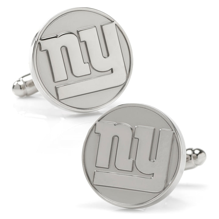 NFL New York Giants Silver Edition Cufflinks featuring two circular, silver-toned designs with the team’s “ny” logo.