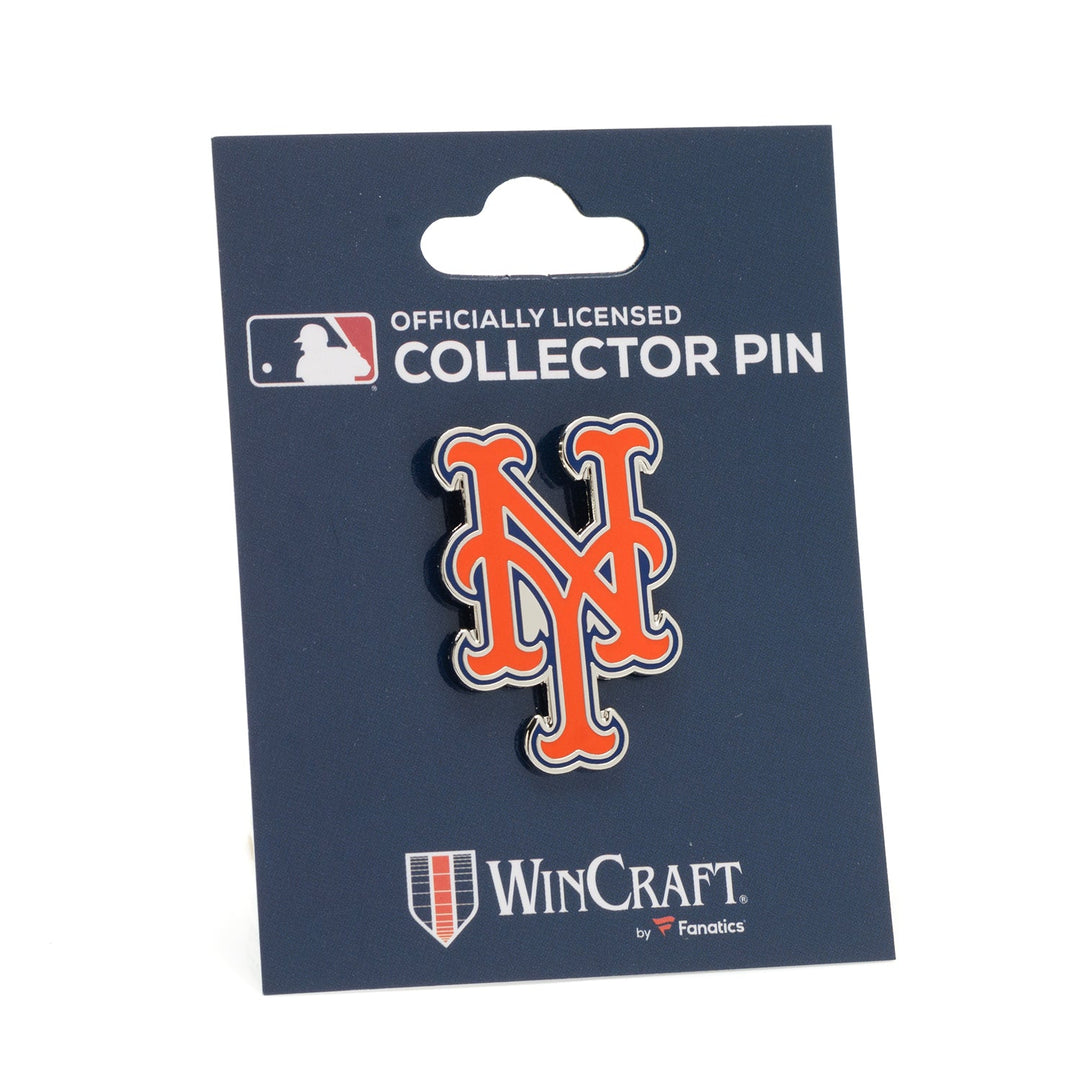 Orange and blue New York Mets Lapel Pin on an officially licensed WinCraft collector display card.