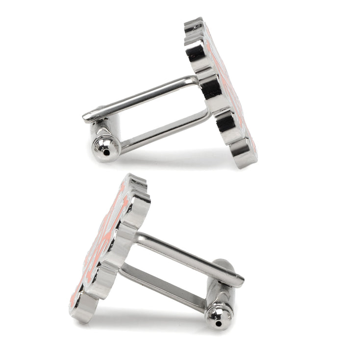 Two silver MLB New York Mets cufflinks seen from the side.