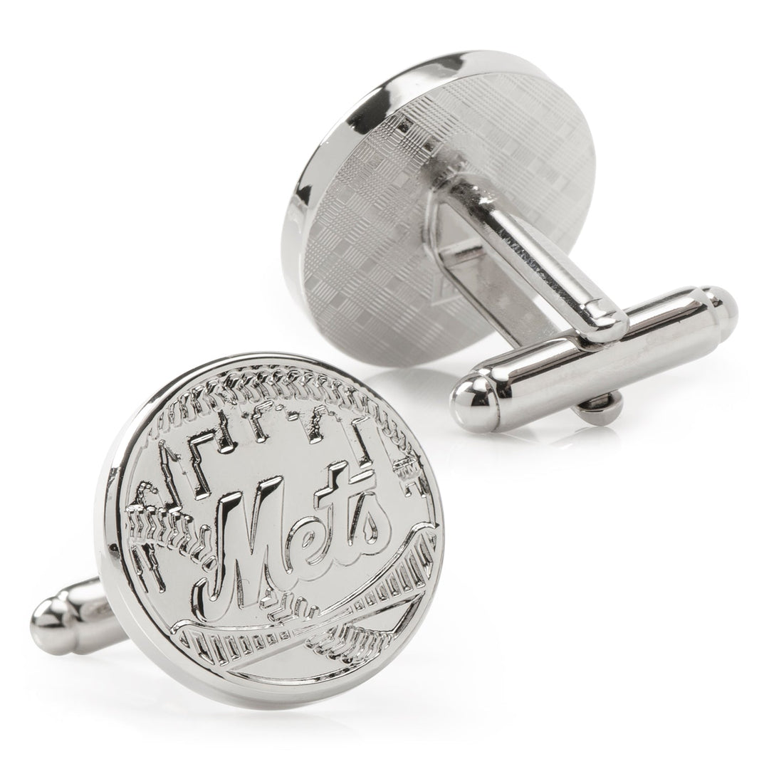 Pair of round silver-toned MLB New York Mets Silver Edition Cufflinks featuring the team logo embossed on the face.