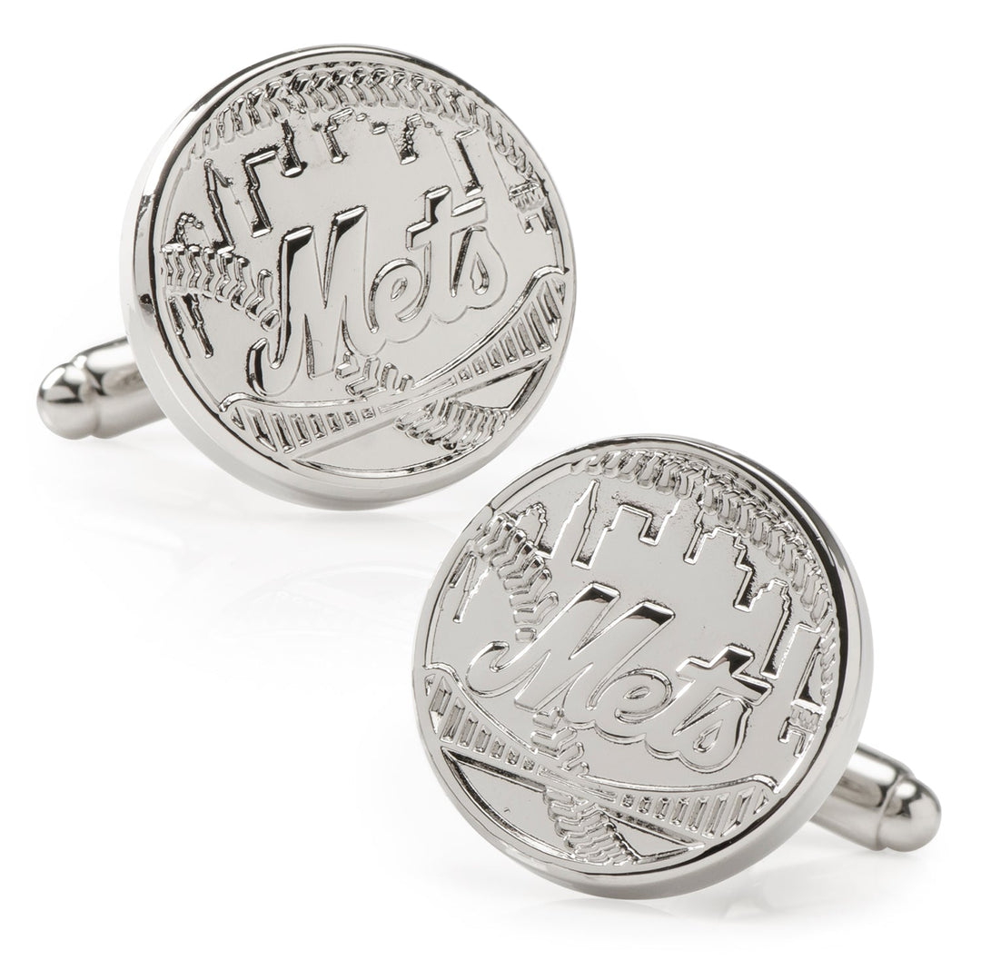 MLB New York Mets Silver Edition cufflinks featuring a pair of silver-toned circular designs embossed with the team logo and city skyline.
