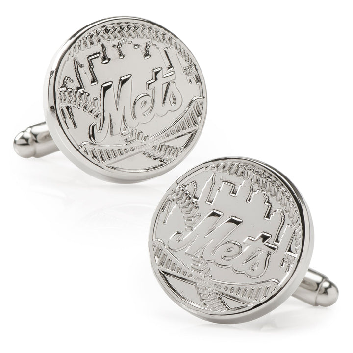 MLB New York Mets Silver Edition cufflinks featuring a pair of silver-toned circular designs embossed with the team logo and city skyline.