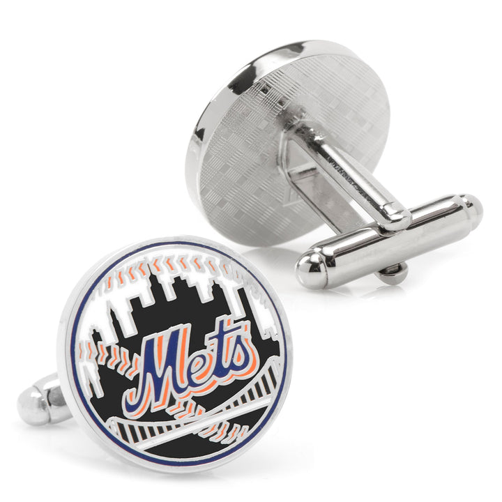 MLB New York Mets Baseball Cufflinks featuring a round silver design with the team logo set against a black city skyline silhouette.