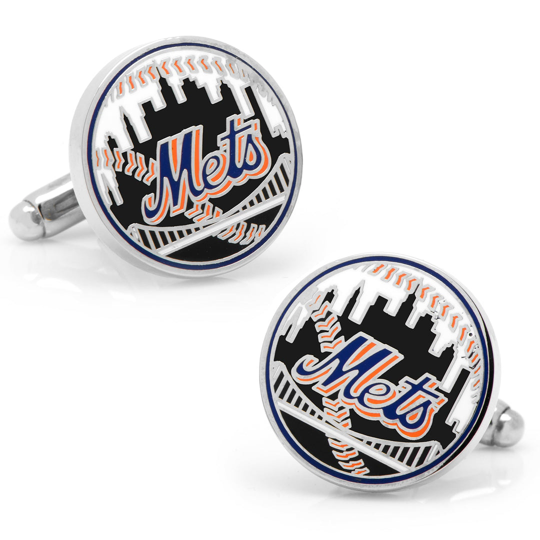 Round MLB New York Mets Baseball Cufflinks featuring the team logo with a skyline silhouette and baseball stitching.