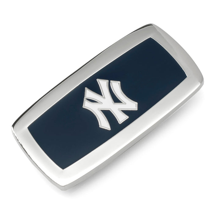 MLB New York Yankees Cushion Money Clip, a rectangular metal money clip with a dark blue center inlay featuring the team’s white logo.
