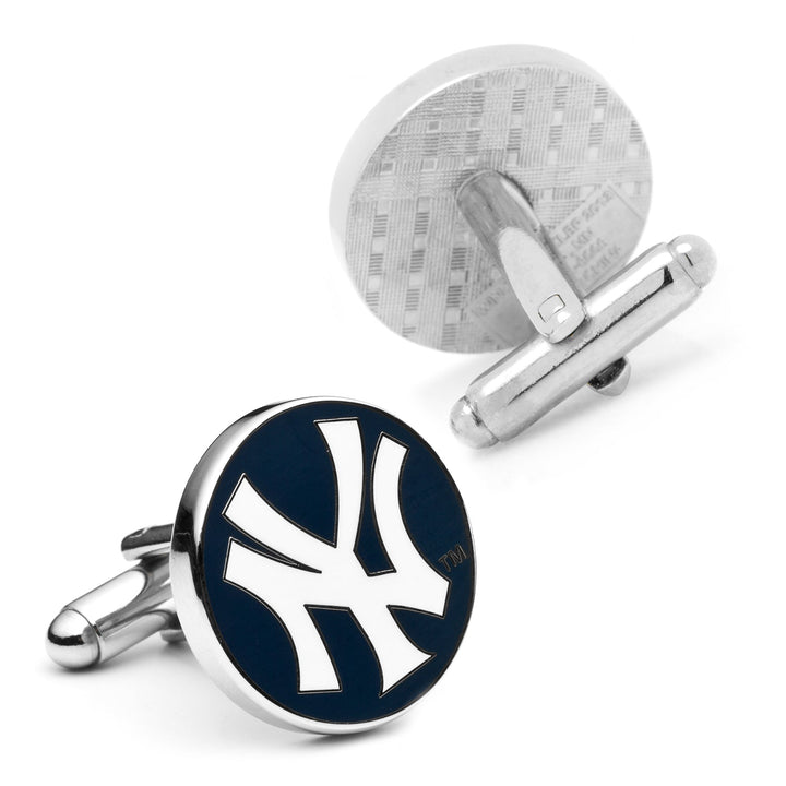 Two circular MLB New York Yankees Cufflinks, one showing a white logo on a dark blue background and the other showing the silver backing.