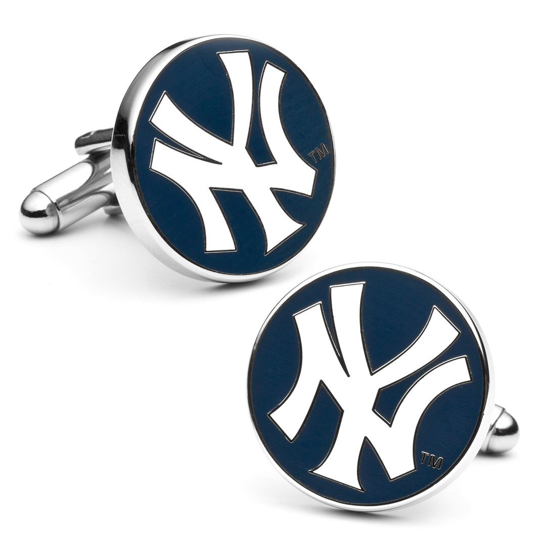 Two circular silver MLB New York Yankees Cufflinks featuring the white team logo on a navy blue background.