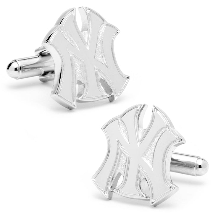 MLB New York Yankees Silver Logo Cufflinks in silver-tone metal shaped like the interlocking NY logo.