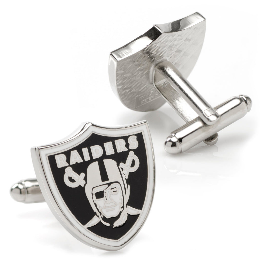 NFL Las Vegas Raiders Cufflinks featuring the team shield logo in black, white, and silver.