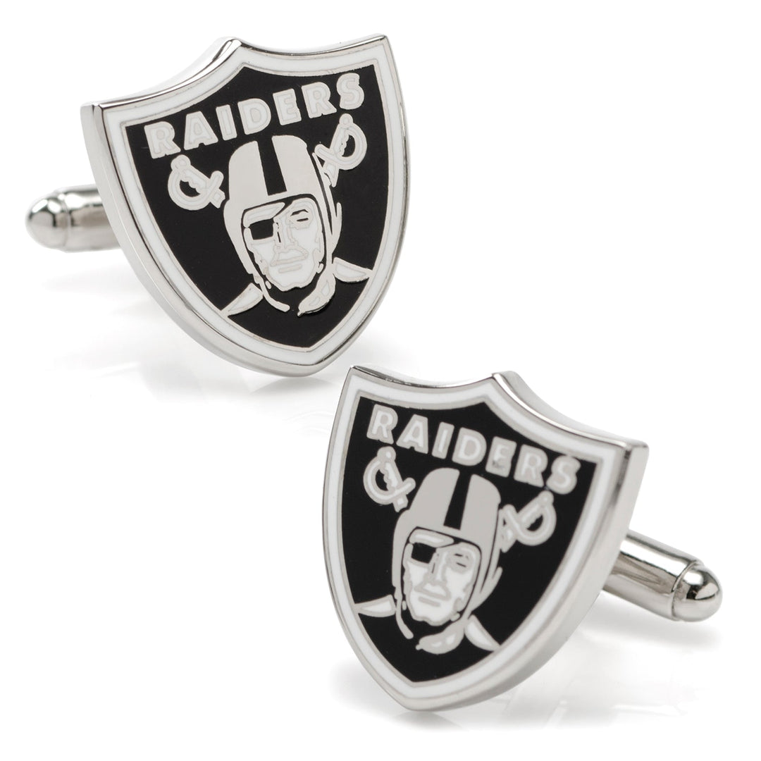 NFL Las Vegas Raiders Cufflinks shaped as shields, each featuring the team logo with a black background and a silver pirate mascot.