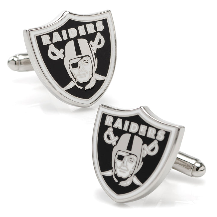 NFL Las Vegas Raiders Cufflinks shaped as shields, each featuring the team logo with a black background and a silver pirate mascot.