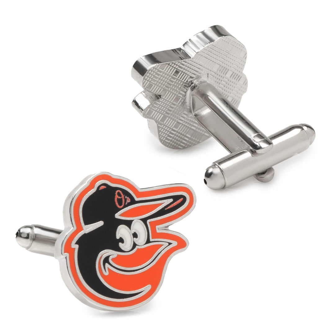 MLB Baltimore Orioles Cufflinks in silver featuring the cartoon bird mascot in enamel, offered as final sale items with no returns.