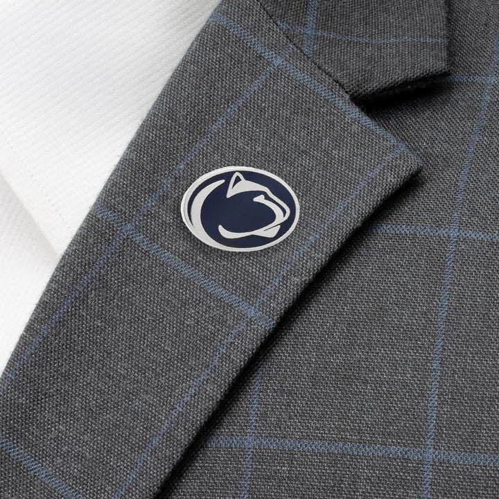 Oval NCAA Penn State University Nittany Lions Lapel Pin featuring a blue and white logo attached to a grey plaid blazer lapel.