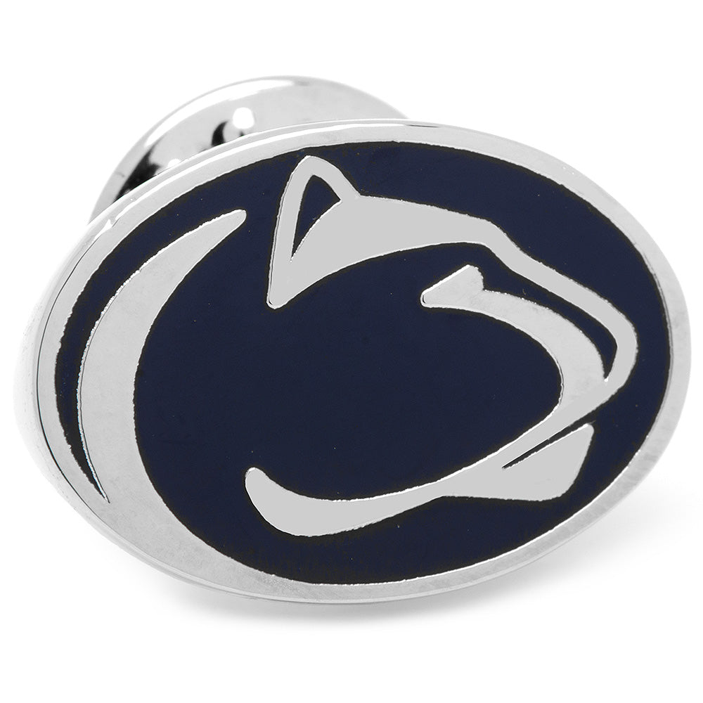 Oval NCAA Penn State University Nittany Lions Lapel Pin featuring a silver silhouette of a mountain lion on a dark blue background.