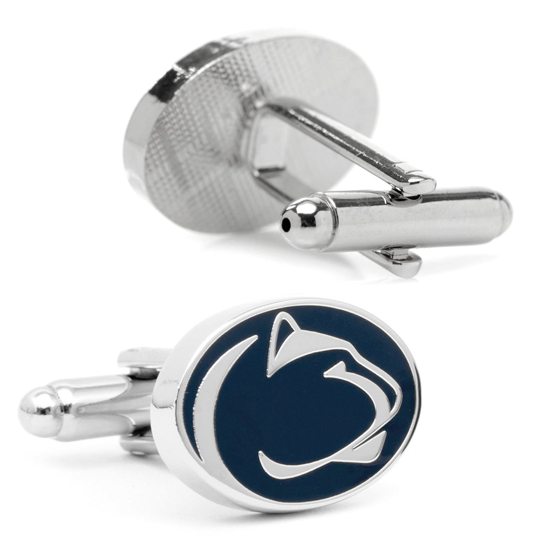 Oval silver NCAA Penn State University Nittany Lions Cufflinks featuring a navy blue and silver Nittany Lion logo.