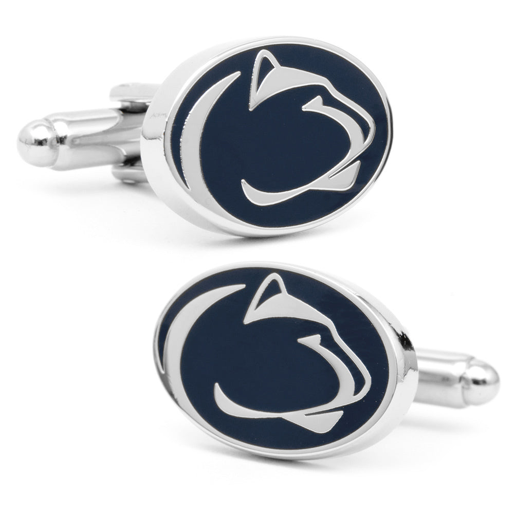 Two oval silver NCAA Penn State University Nittany Lions cufflinks featuring a dark blue logo.