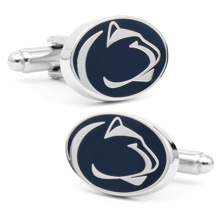 Two oval silver NCAA Penn State University Nittany Lions cufflinks featuring a dark blue logo.