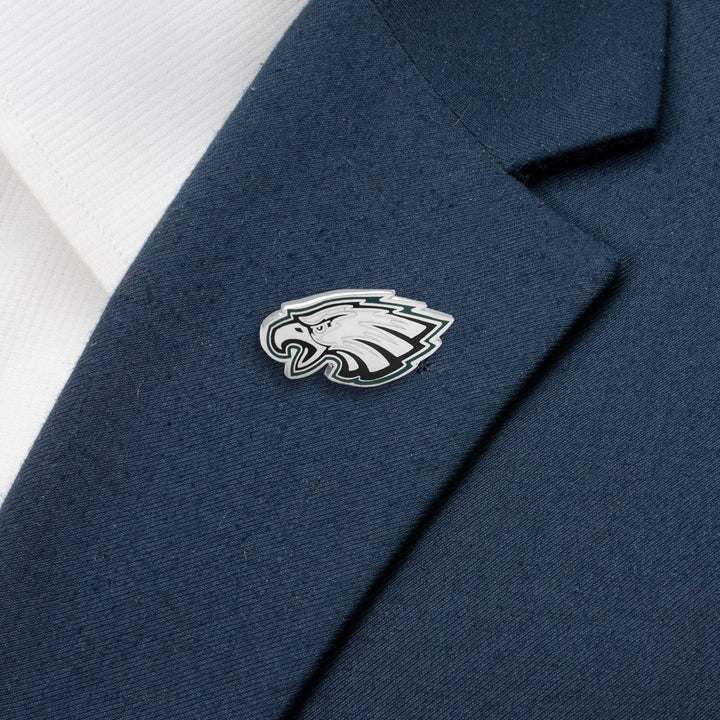 Silver NFL Philadelphia Eagles Lapel Pin attached to a dark blue suit lapel.
