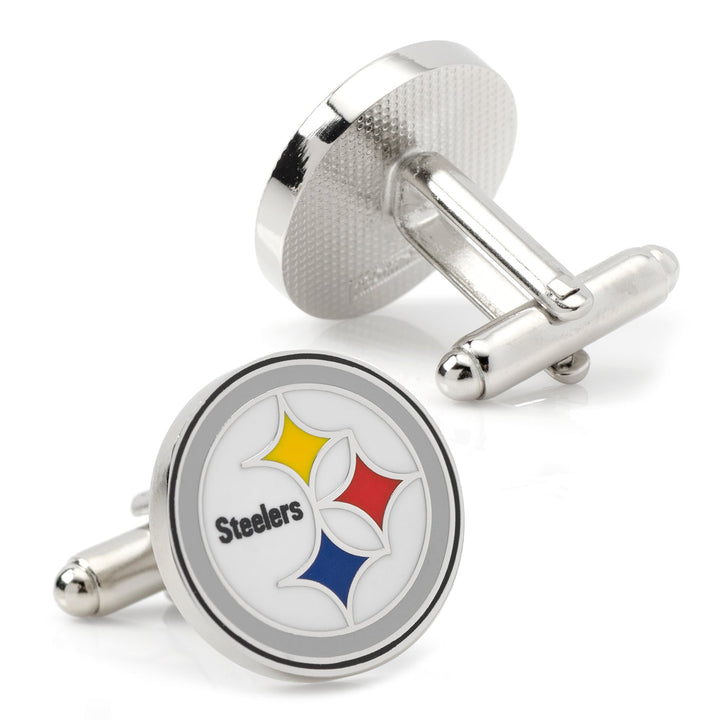 Two circular silver NFL Pittsburgh Steelers Cufflinks featuring the team logo.