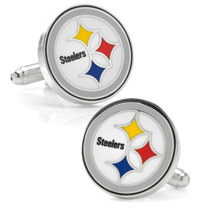 NFL Pittsburgh Steelers Cufflinks featuring two circular silver cufflinks with the team logo in yellow, red, and blue diamond shapes.
