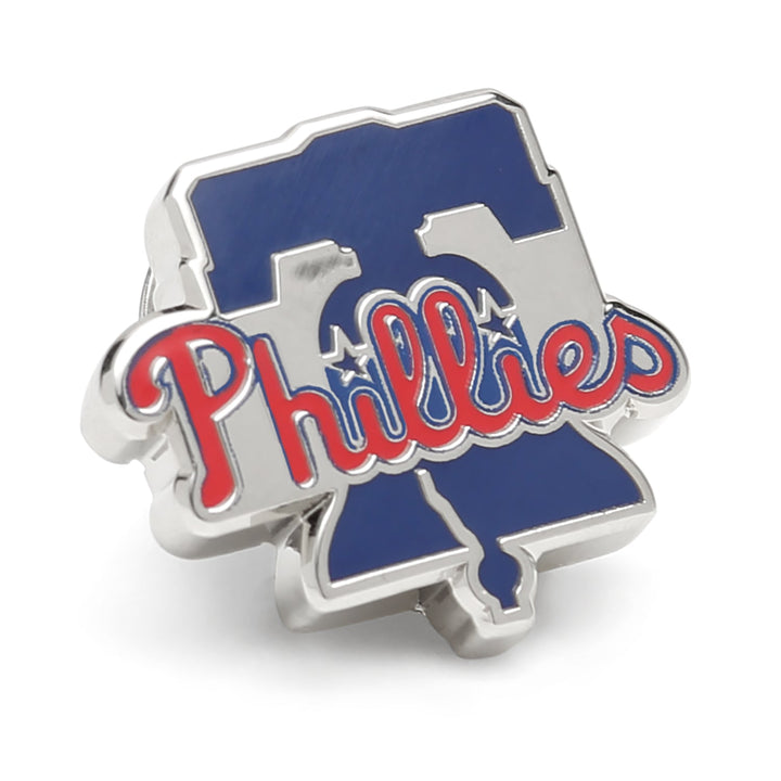 MLB Philadelphia Phillies Lapel Pin, a silver-toned pin in the shape of the team’s Liberty Bell logo, featuring red lettering and a blue bell.