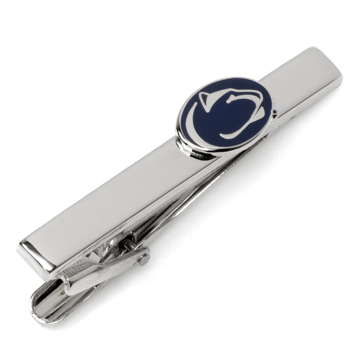 Silver NCAA Penn State University Nittany Lions tie clip featuring a dark blue oval emblem with a white lion silhouette.