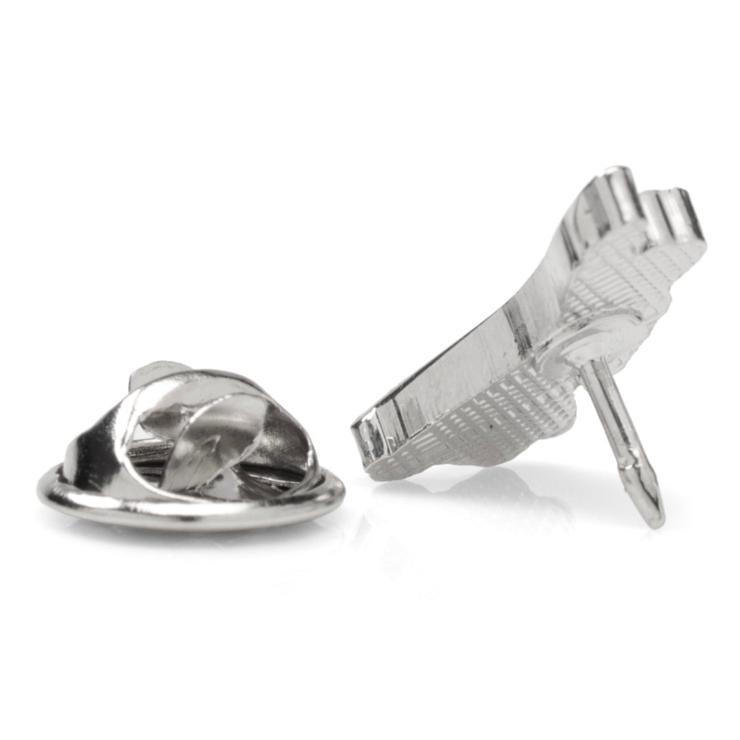 A metal NCAA Penn State Nittany Lion Mascot Lapel Pin shaped like a mountain lion head, shown from the back with its detached clutch fastener.