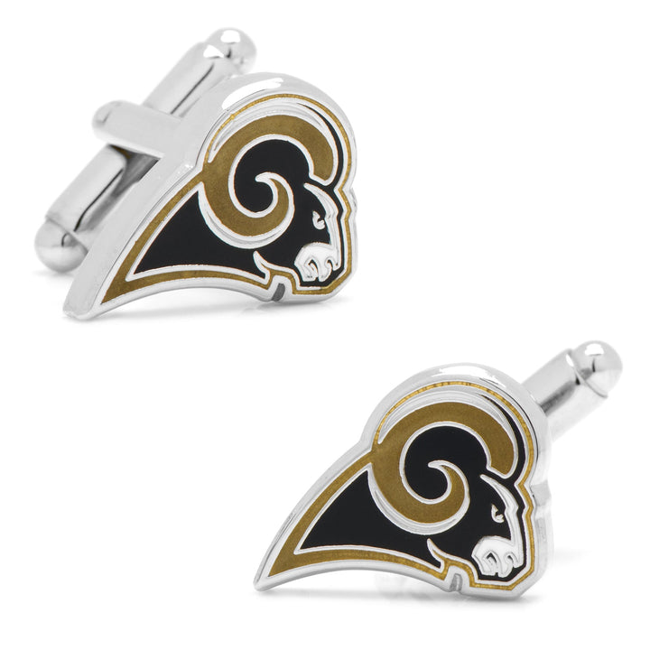 NFL Los Angeles Rams Cufflinks featuring a pair of silver-toned designs with a black and gold ram head logo.