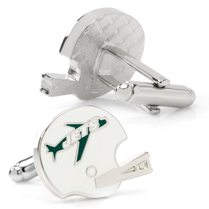NFL New York Jets Retro Helmet Cufflinks featuring a silver-tone design with green and white team logos.