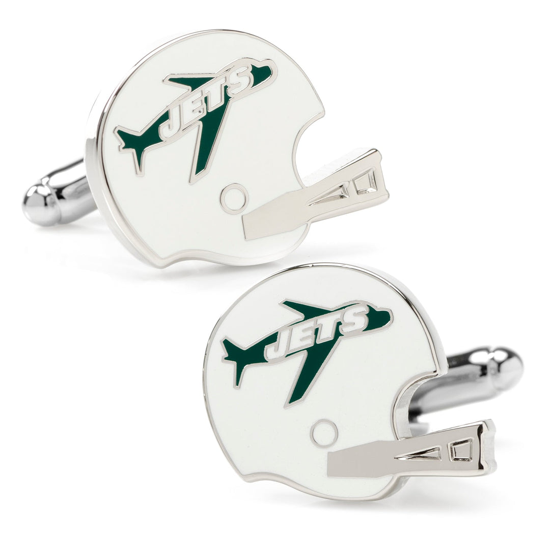 NFL New York Jets Retro Helmet Cufflinks shaped like white football helmets featuring a green airplane logo and the word “JETS.”