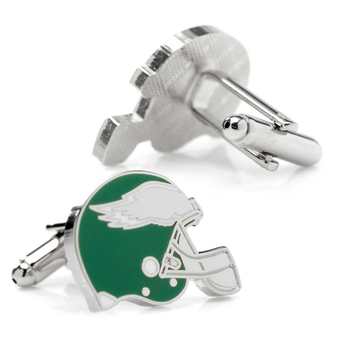 NFL Philadelphia Eagles Retro Helmet Cufflinks featuring two silver, retro-style football helmets with green and white detailing.