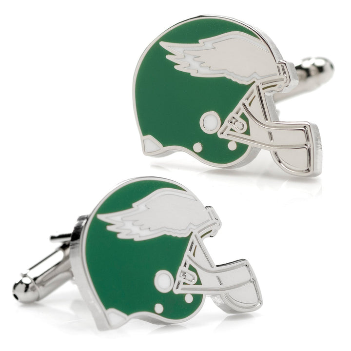 NFL Philadelphia Eagles Retro Helmet Cufflinks featuring silver-tone, green football helmets with white wing decals.