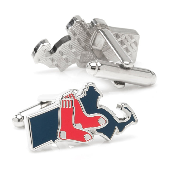 MLB Boston Red Sox State Shaped Cufflinks in the shape of Massachusetts, featuring a red sock emblem on one.