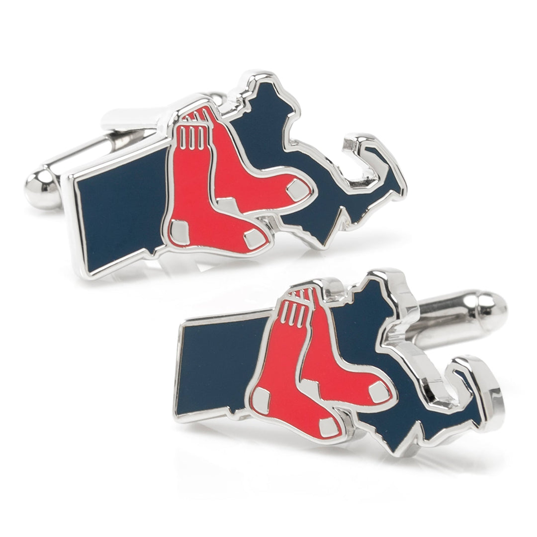 MLB Boston Red Sox State Shaped Cufflinks in a silver-toned, state-shaped design featuring a red sock logo.