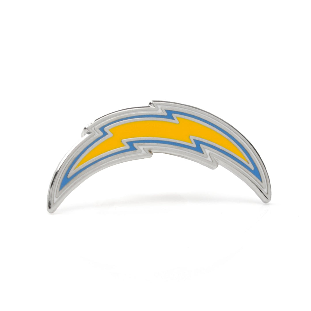 NFL Los Angeles Chargers Lapel Pin shaped like a silver crescent featuring a yellow lightning bolt outlined in blue.