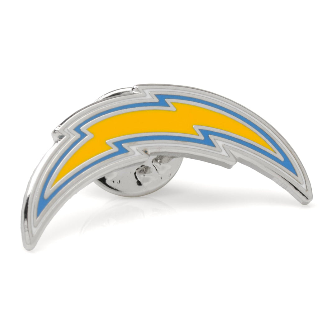 NFL Los Angeles Chargers Lapel Pin shaped like a silver lightning bolt with yellow and blue enamel fill.