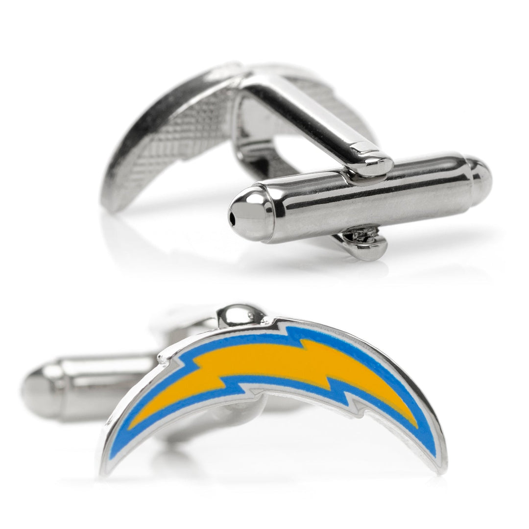 NFL Los Angeles Chargers Cufflinks in silver-tone, featuring a yellow lightning bolt emblem outlined in blue.