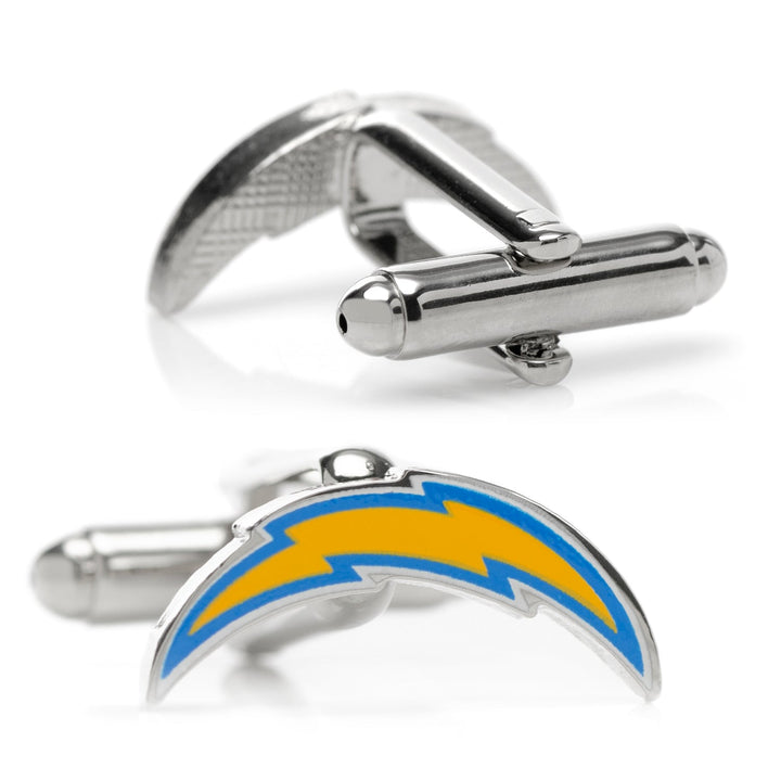 NFL Los Angeles Chargers Cufflinks in silver-tone, featuring a yellow lightning bolt emblem outlined in blue.
