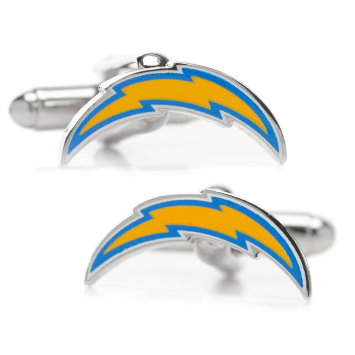 A pair of silver-toned NFL Los Angeles Chargers Cufflinks featuring a yellow and blue lightning bolt logo.