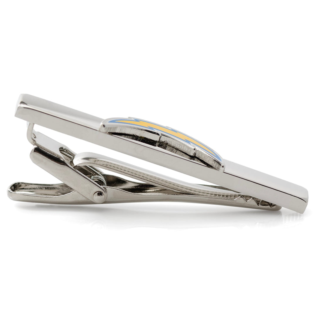 NFL Los Angeles Chargers Tie Clip in silver-tone metal featuring a blue and yellow lightning bolt emblem.