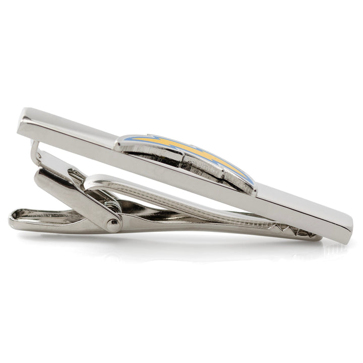 NFL Los Angeles Chargers Tie Clip in silver-tone metal featuring a blue and yellow lightning bolt emblem.
