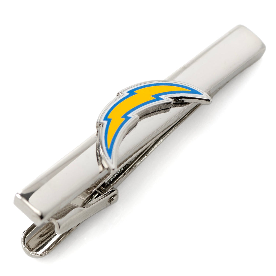 Silver-toned NFL Los Angeles Chargers Tie Clip featuring a yellow and blue lightning bolt emblem.
